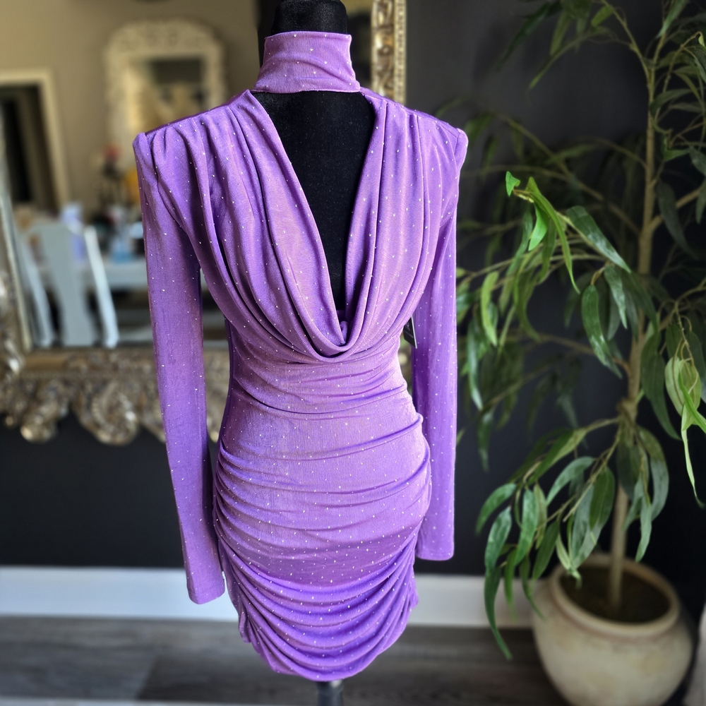 ASOS Ruched And Ready Lavender Rhinestone Draped Long-Sleeve Mini Dress NWT sz